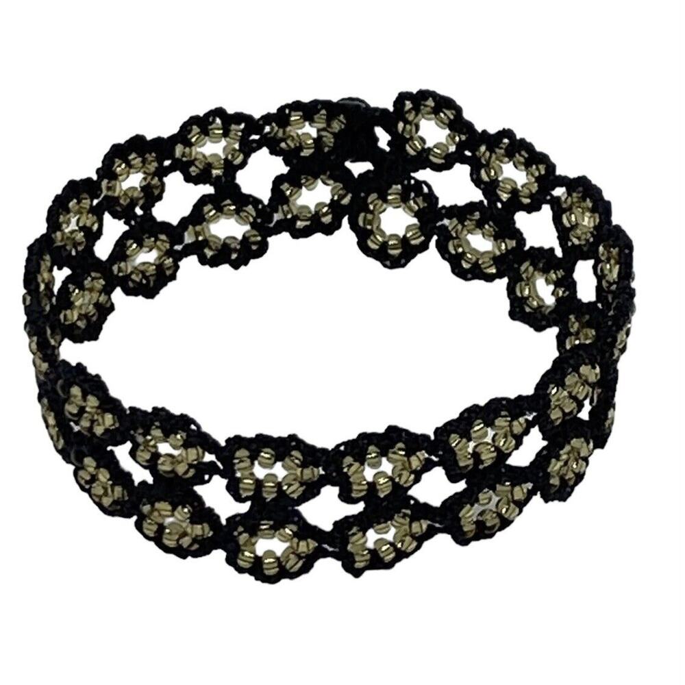 Turkish Artisan Fashion Flat Crochet 7” Bracelet Black Cord Gold Round Beads